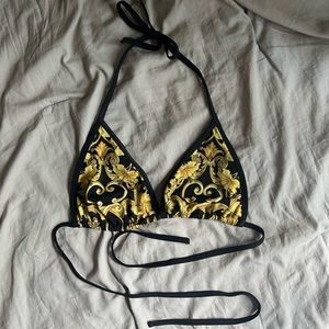 Versace Gold Hibiscus Print Triangle Bikini Top Size 5 L black string swim